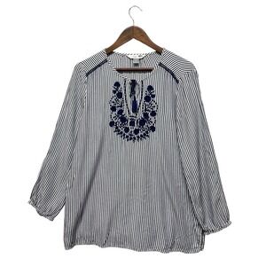 Old Navy The Tunic Shirt Women Size Large Blue Stripe Floral Embroidery Soft Top